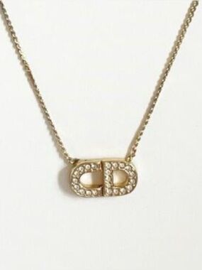 DIOR Vintage Gold Tone Diamante Logo Pendant Necklace